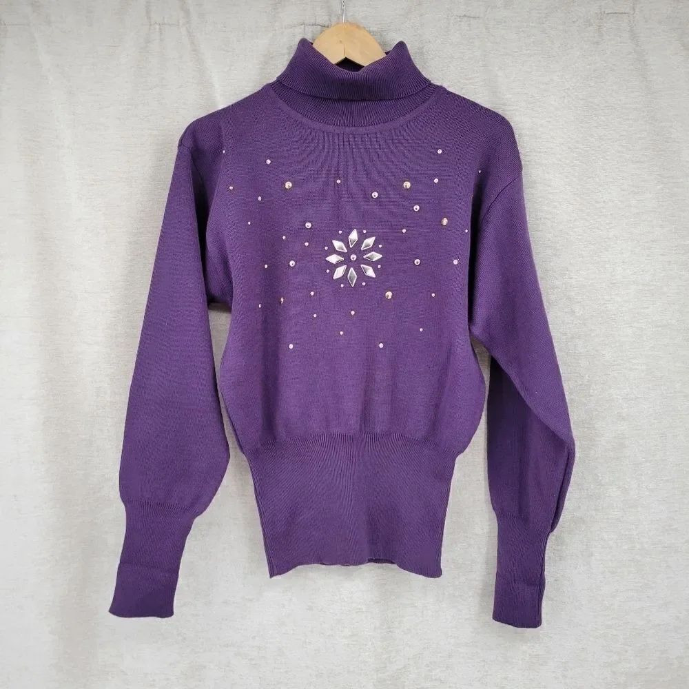 Kaelin 80s Purple Embellished Turtleneck Sweater Cinched Waist Vintage Women's - Picture 4 of 13